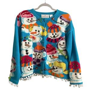Jane's Closet Ramie Cotton L Blue Snowman Embellished Cardigan Christmas Holiday